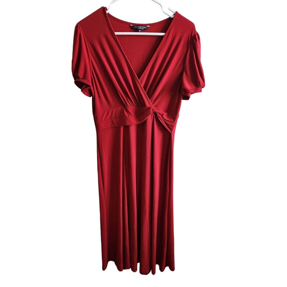 Collection Debenhams Womens Sz 14 Solid Cherry Red Midi Dress Short Sleeve